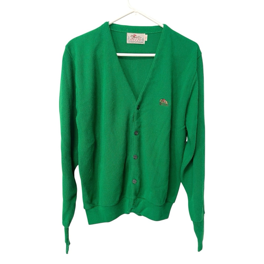 Vintage Steeplechase Large Cardigan Sweater Green Men 80's 90's Grandpa Dad Core